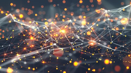 An abstract depiction of neon orange and yellow dots connected by white glowing lines over a dark grey canvas forming an expansive plexus pattern with a focused area for text in the lower left