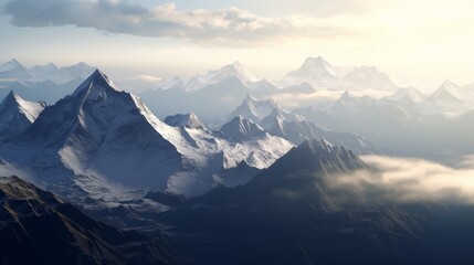 Fototapeta premium Majestic snow-capped mountain peaks in the clouds