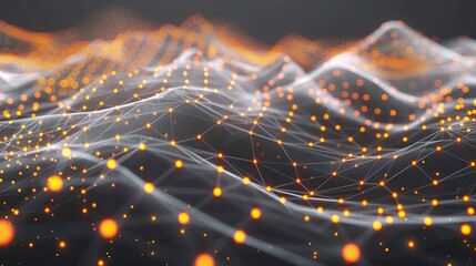 An abstract depiction of neon orange and yellow dots connected by white glowing lines over a dark grey canvas forming an expansive plexus pattern with a focused area for text in the lower left