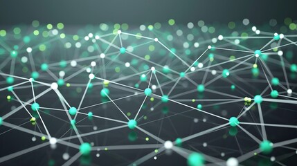 Obraz premium An abstract depiction of neon green and turquoise dots connected by white glowing lines over a dark grey canvas forming an expansive plexus pattern with a focused area for text in the lower right