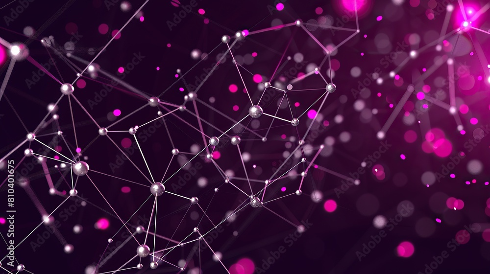 Poster an abstract network of magenta and silver dots connected by vibrant laser-like lines on a dark purpl