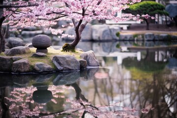 Naklejka premium serene japanese garden with cherry blossoms