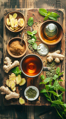 Natural Remedies for Upset Stomach Arranged on a Rustic Wooden Table - Herbal Tea, Ginger, Fennel Seeds, Yogurt, Peppermint Oil, and Mint Leaves