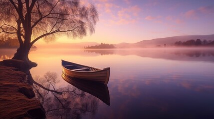 serene lake landscape with boat at sunset