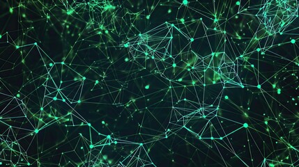 Obraz premium An abstract pattern of neon green and turquoise connections resembling a digital jungle over a dark canvas specifically arranged to leave ample room for text in the top right corner