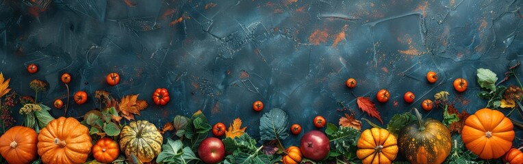 Autumn Harvest Still Life with Various Pumpkins and Seasonal Decorations on Dark Stone Background - Top View
