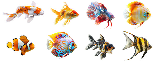 Fototapeta premium Set of Various types of beautiful fish, koi fish, Goldfish, fighting fish, Clownfish, Calico goldfish, Discus Pompadour fish, Angel Fish, isolated on white background, png