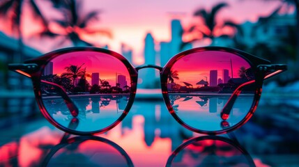 Viewing a vibrant cityscape through sunglasses reflecting a vivid sunset backdrop, encapsulating an urban charm with a touch of nature's beauty
