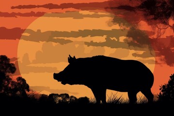 Silhouette of a wild boar at sunset