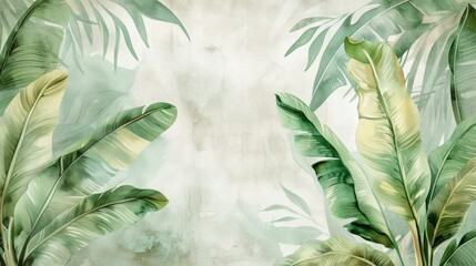 Watercolor illustration of large banana leaves, soft green and beige tones, beige background, high resolution, intricate details.