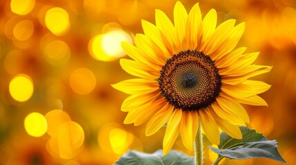 Obraz premium A vibrant sunflower stands tall against a blurred background of golden bokeh, highlighting nature's beauty in a single, enchanting visual