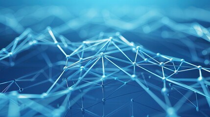 An abstract technology motif with light blue plexus connections sprawling over a midnight blue backdrop designed to look three-dimensional and provide a designated area for text