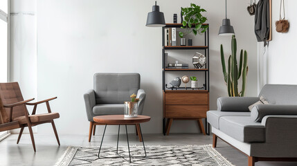 Comfortable grey furniture with wooden shelving unit. Generative Ai
