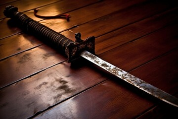 Antique sword on wooden floor