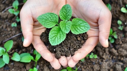 Two hands nurturing a young plant thriving in fertile soil, symbolizing growth and environmental care, captured vividly in natural light
