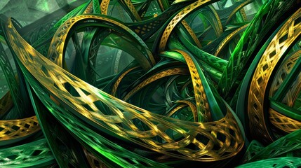 Vivid green and gold abstract design, interlacing patterns to form a stunning background texture