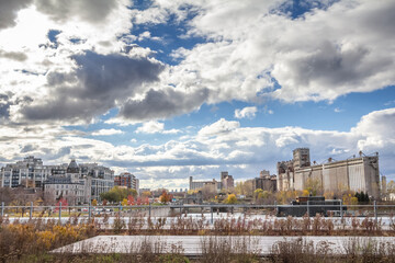 Panorama of of the decayed and abandoned complexe of Montreal flour silos and silo #5, a symbol of the industrial past of the port of Montreal, a major landmark and attraction of Quebec and Canada.