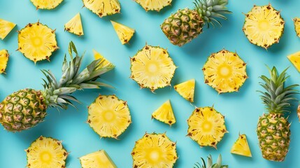 Vivid close-up pattern of pineapple slices and whole fruit on bright cyan, arranged for a playful look under studio lights, isolated