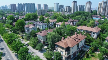 Aerial view of a lush, green residential area with multiple houses and high-rise buildings under clear skies, illustrating urban development and community living
