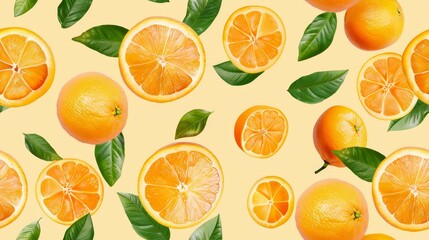 Vibrant orange slices and whole oranges, arranged in a fun repeating tile pattern, set against a bright yellow pastel background