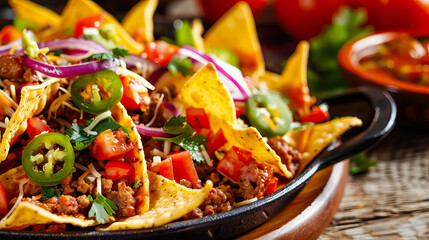 close up nachos on wooden plate with copy space. - Powered by Adobe