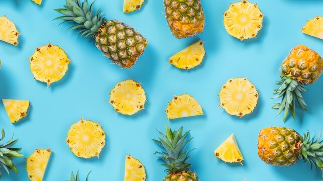 Vibrant close-up of pineapple slices and whole pineapples arranged in a whimsical pattern on a bright blue background, studio lighting