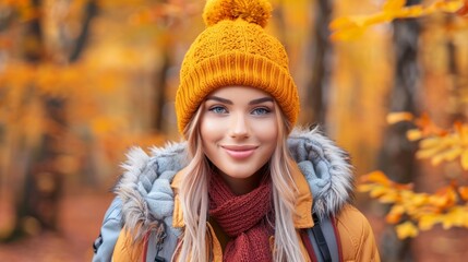 A young woman in a yellow beanie and a warm scarf smiles gently while standing amidst a vibrant autumn forest, exuding a serene autumn vibe