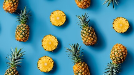 Top-down view of whole pineapples and slices forming a creative, fun pattern on a blue background, studio-lit, isolated setting