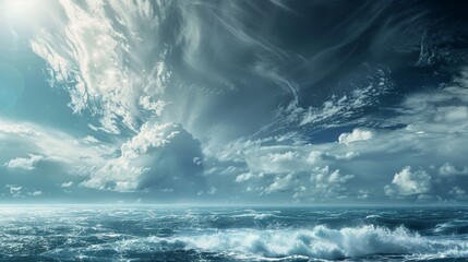 Fototapeta premium Majestic view of turbulent ocean waves under a dramatic cloudy sky, capturing nature's power and serene beauty in a breathtaking landscape