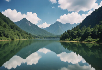 Mountain with a lake in front of it, a boat in the water of the lake.