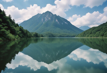 Mountain with a lake in front of it, a boat in the water of the lake.