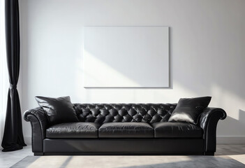 blank poster frame copy space mockup in living room with black sofa