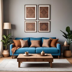 Rustic coffee table near blue sofa with brown pillows against wall with two poster frames. Boho ethnic home interior design of modern living room