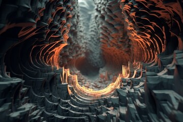 abstract fractal tunnel with fiery orange and black patterns