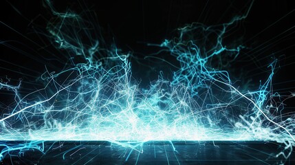 An intense backdrop of electric blue and white lines forming a vibrant plexus over a black backdrop with a specific design that includes a large open area on the bottom for text