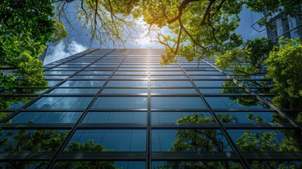 Eco-Friendly Glass Office Building with Green Environment and Tree Canopy for Reduced Heat and CO2 Emissions in Modern City