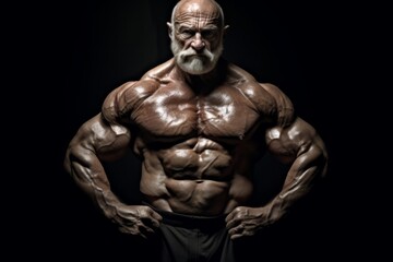 muscular senior man with beard posing shirtless