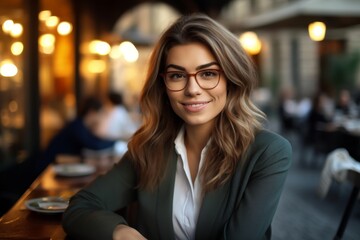 Smiling woman in glasses posing in cafe