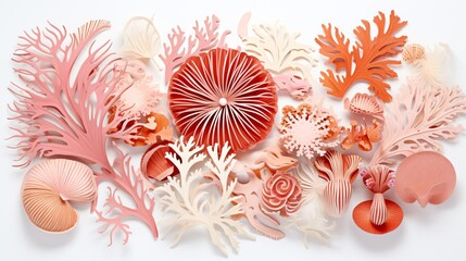 Delicate and detailed paper cutouts of coral in varying shades of pink and red.