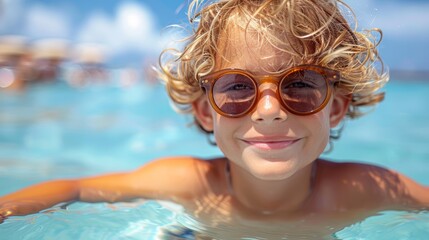 Naklejka premium Happy young boy with sunglasses enjoying a sunny day while swimming in crystal clear blue water, exuding a sense of carefree youth and aquatic fun