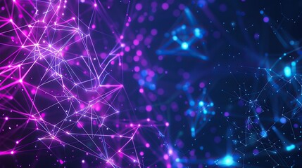 Fototapeta premium An intense backdrop of neon purple and blue nodes interconnected by fluorescent lines on a dark background optimized for high-definition with space for text on the lower left side