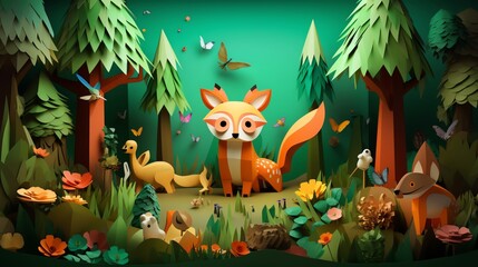 The image shows a cute fox sitting in a lush green forest