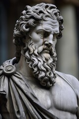 Dramatic stone sculpture of a bearded man with intricate, flowing hair