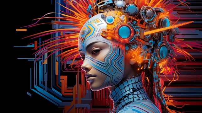 The image shows a beautiful woman with glowing orange hair and blue eyes