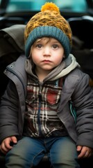 A young boy sits in a car seat, looking out the window with a pensive expression. AI.