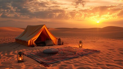 CAMPING IN THE MIDDLE OF THE DESERT on a beautiful sunset in high resolution