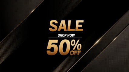 50 percent off sale black gold background, luxury image abstract, overlap layer shadow gradients space composition, 3840 x 2160 monitor size for banner, template design