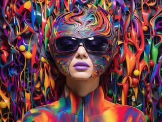 A woman wearing a colorful mask and sunglasses poses in front of a colorful background. AI.