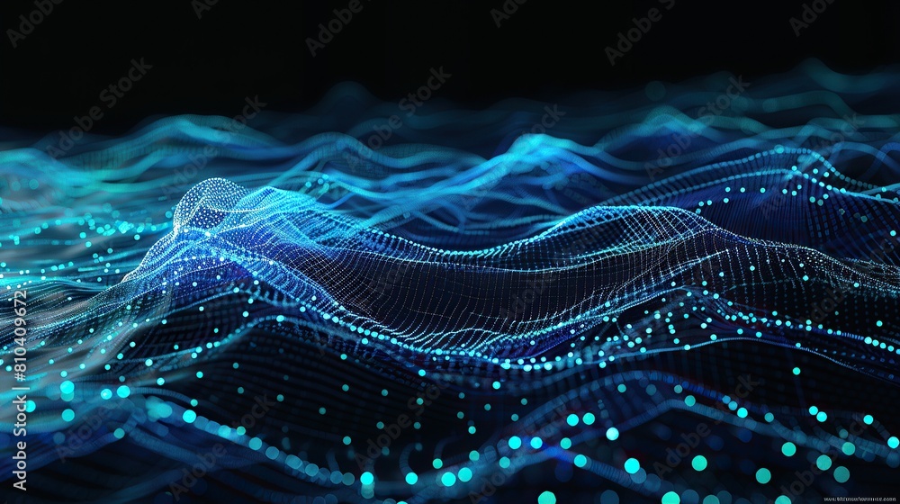 Aufkleber an intricate digital mesh of electric blue and cyan connections on a black background resembling a h