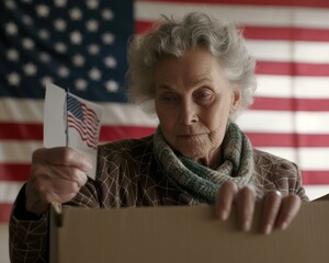 An elderly woman casting her vote in a ballot box, with an American flag in the background. AI.